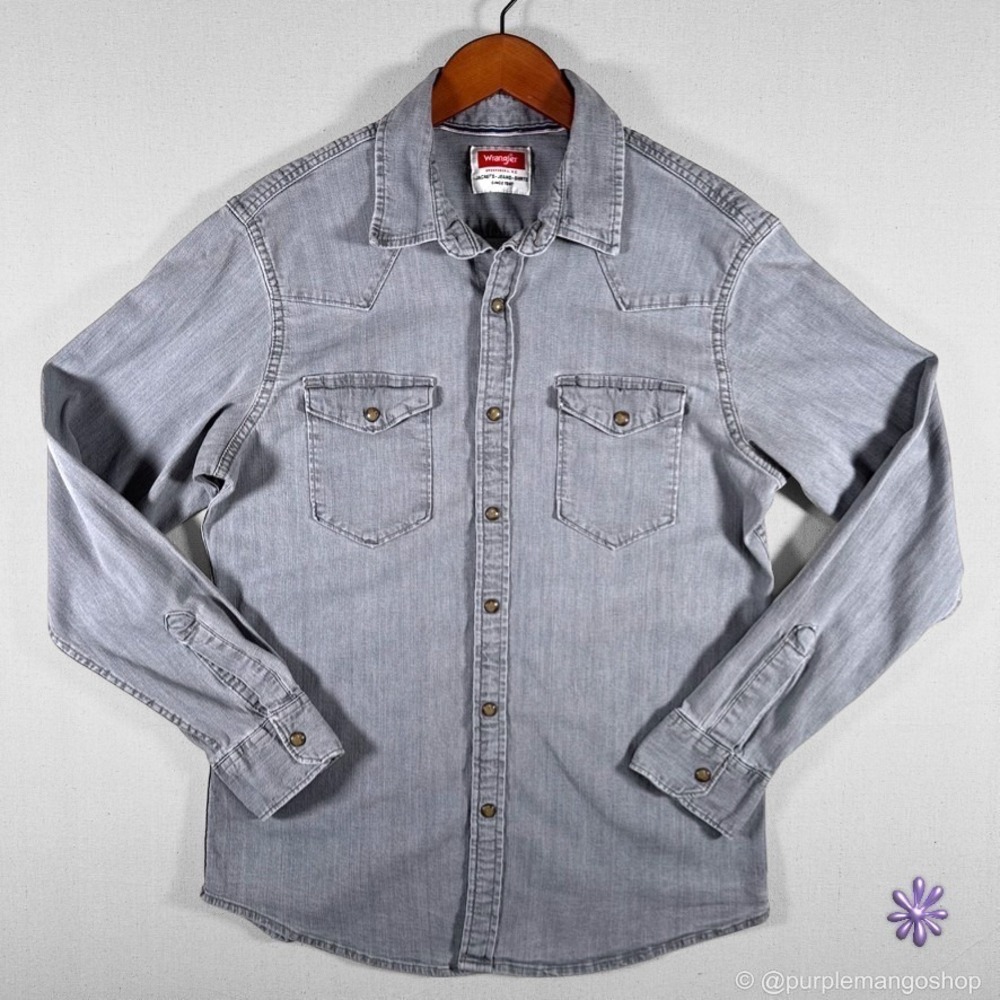 Wrangler Western Pearl Snap Denim Button Up Shirt |‎ Grey | Mens | MEDIUM